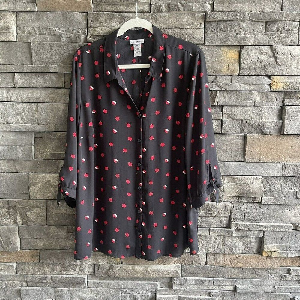Catherines Women’s 1X 18/20W Black Blouse Apple Print Button Front Tie‎ Sleeve